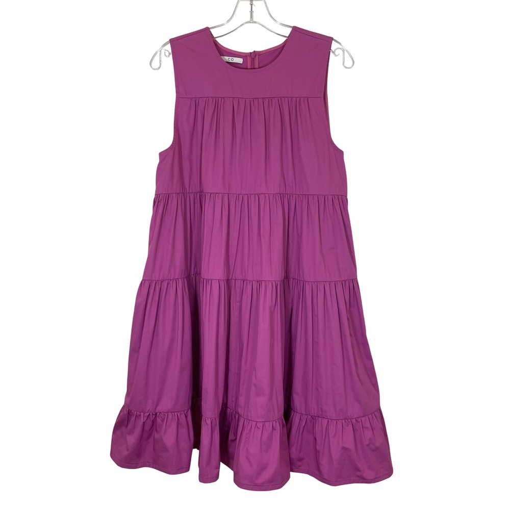 CO Essentials Dress Magenta Pink Cotton‎ Poplin Tiered Sleeveless Knee Length S
